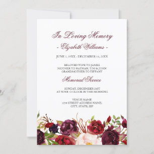 Invitation Service funèbre floral Marsala Bourgogne rouge