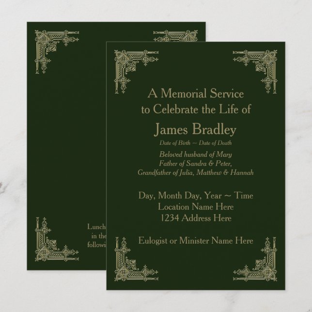 Invitation Service Mémorial Vert Art Déco (Devant / Derrière)