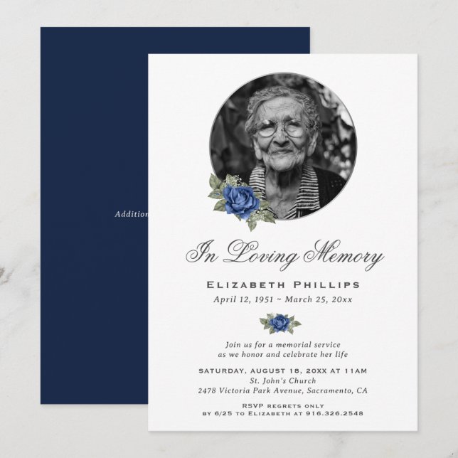 Invitation Service personnalisé Blue Floral Photo Memorial (Devant / Derrière)
