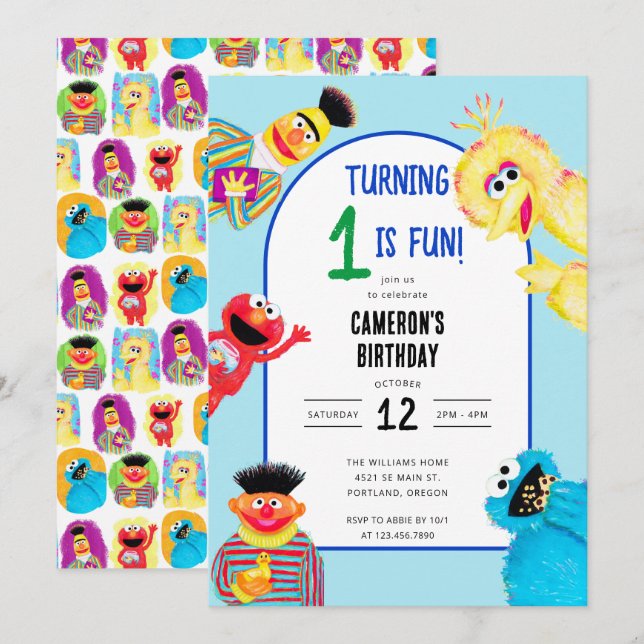 Invitation Sesame Street Caractères Première fête d'anniversa (Devant / Derrière)