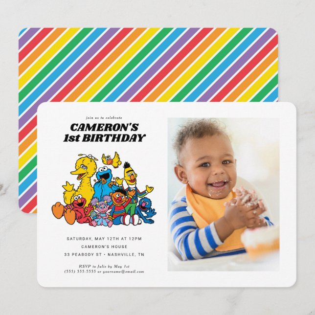 Invitation Sesame Street Pals 1er anniversaire avec photo (Devant / Derrière)