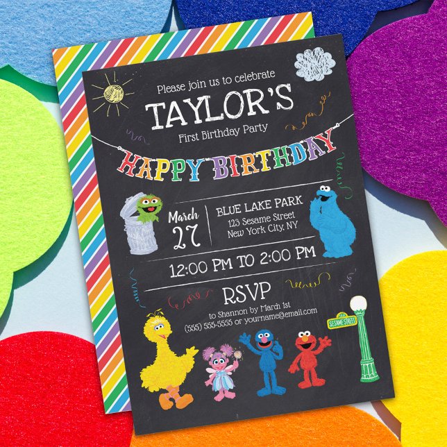 Invitation Sesame Street Pals Chalkboard Arc-en-ciel 1er anni (Créateur téléchargé)