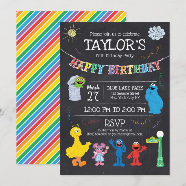 Invitation Sesame Street Pals Chalkboard Arc-en-ciel 5e anniv (Devant / Derrière)