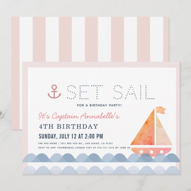 Invitation Set Sail Sailboat Nautical Rose Girl Anniversaire (Devant / Derrière)