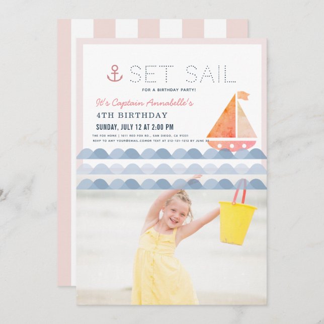 Invitation Set Sail Sailboat rose Girl Anniversaire Photo (Devant / Derrière)