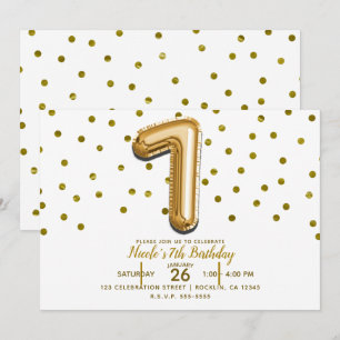 Invitation SEVEN 7 Ballon en Or Confetti Fête d'anniversaire