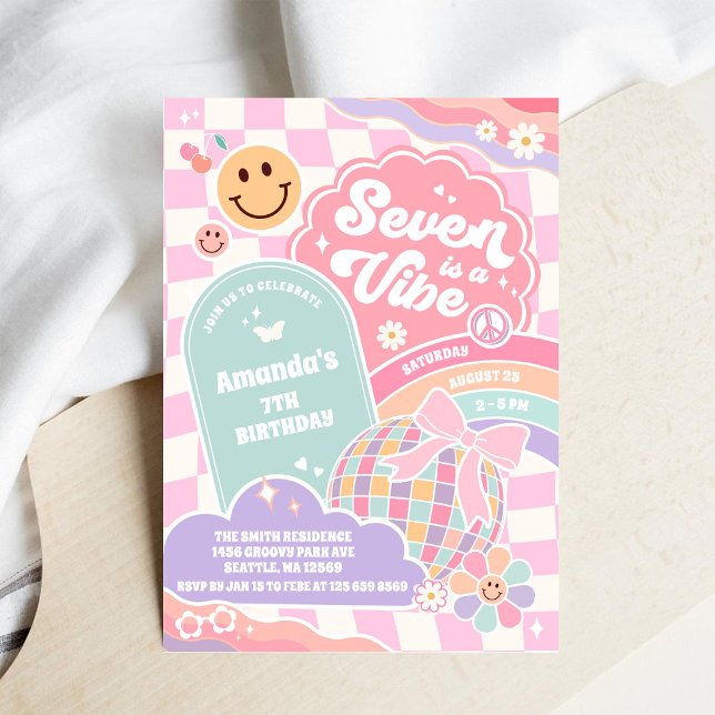 Invitation Seven Is A Vibe Cloud Rainbow Disco 7th Birthday  (Créateur téléchargé)