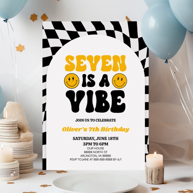 Invitation Seven Is A Vibe Retro First 7th Birday Party (Créateur téléchargé)
