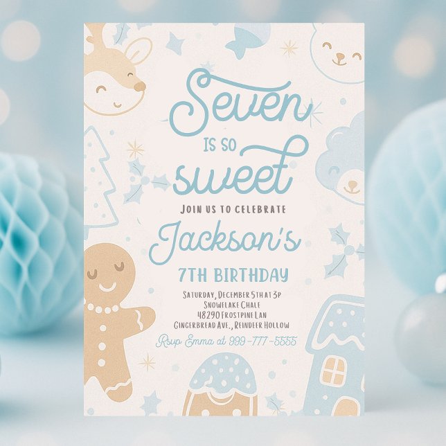 Invitation Seven Is So Sweet Christmas Cookie Anniversaire (Seven Is So Sweet boy Christmas cookie birthday party with festive holiday décor, colorful cookies, )