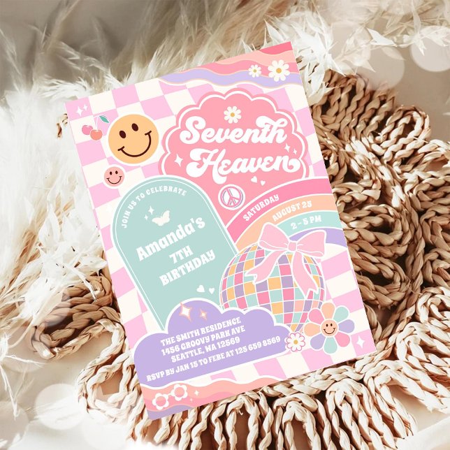 Invitation Seventh Heaven Cloud Rainbow Disco 7th Birthday (Créateur téléchargé)