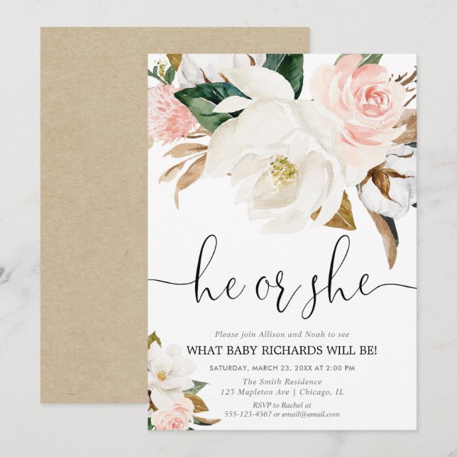 Invitation Sexe floral rustique révéler, magnolia rose blanc (Devant / Derrière)