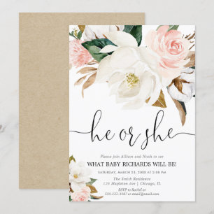 Invitation Sexe floral rustique révéler, magnolia rose blanc