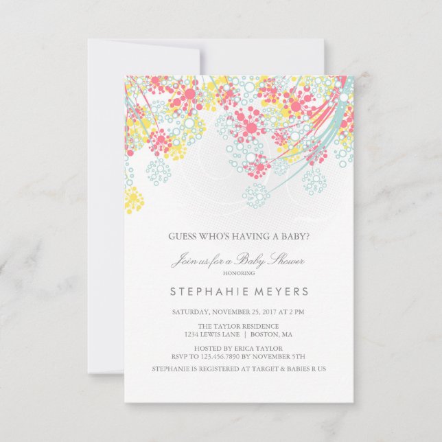 Invitation Sexe Neutre Floral Douche rose, bleu et jaune (Devant)