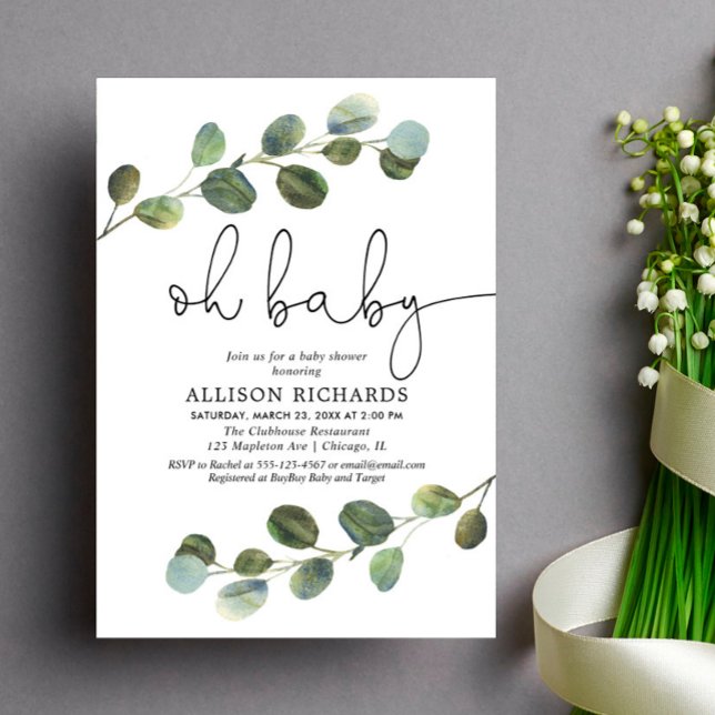 Invitation Sexe neutre noir eucalyptus simple (Créateur téléchargé)