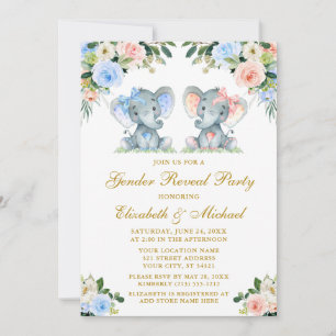 Invitation Sexe Révéler Baby Elephants Bleu Rose Floral Or