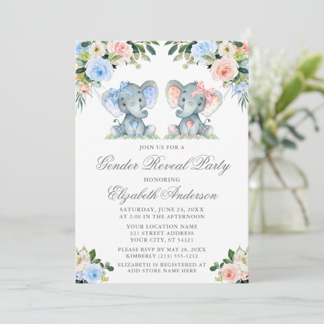 Invitation Sexe Révéler Baby Elephants Bows bleu rose Floral (Debout devant)