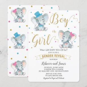 Invitation Sexe Révéler Elephant Baby Boy ou Baby Girl Gold