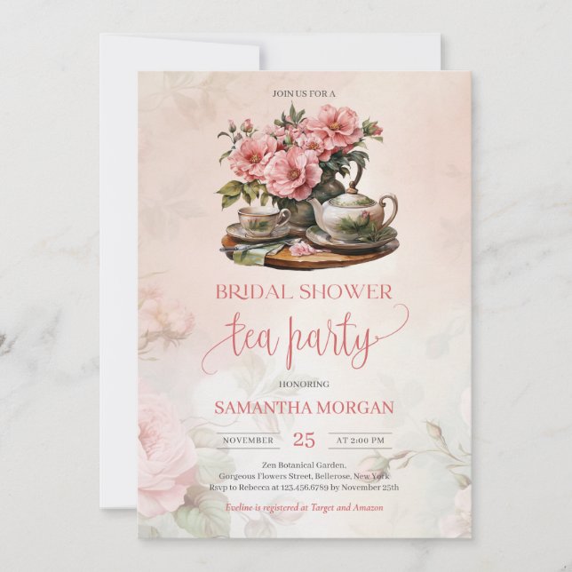 Invitation Shabby Chic aquarelle bleu rose roses fête de thé (Devant)