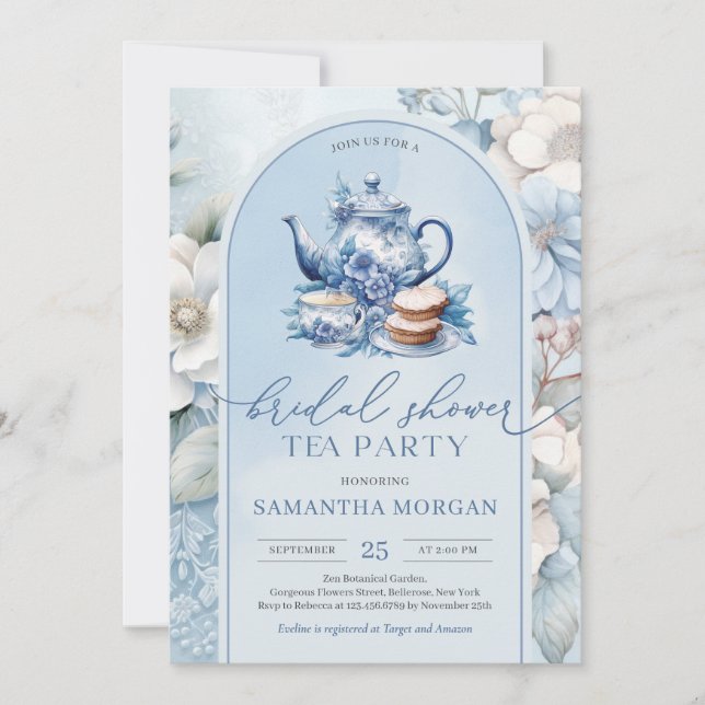 Invitation Shabby chic dusté bleu et blanc fête du thé nuptia (Devant)
