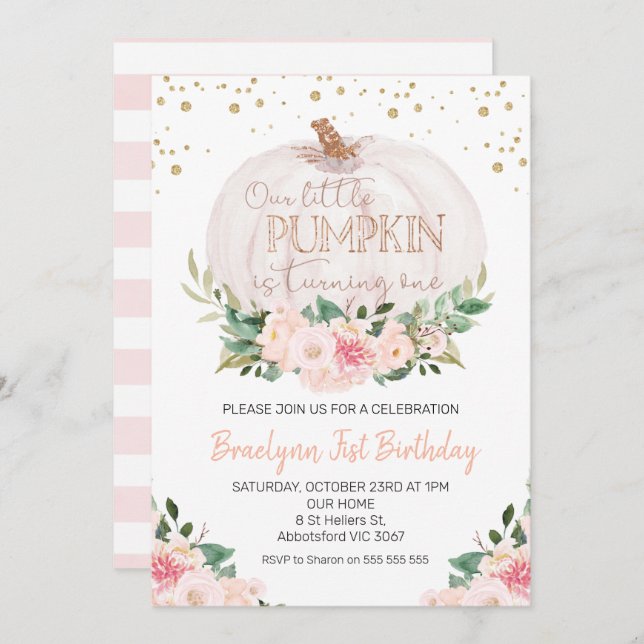 Invitation Shabby Chic Fall Citrouille 1er anniversaire Invit (Devant / Derrière)