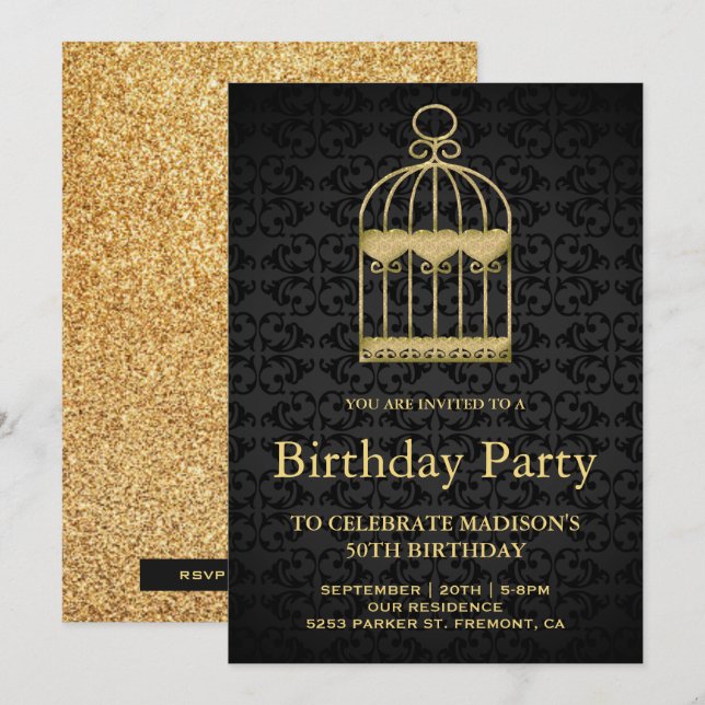 Invitation Shabby Chic Gold Birdcage fête d'anniversaire (Devant / Derrière)