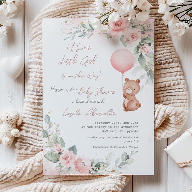 Invitation Shabby Chic Little Bear Blush Floral Baby shower (shabby chic baby bear holding a pink balloon blush floral sage greenery baby girl shower invitation)