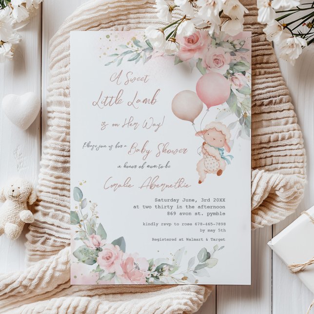 Invitation Shabby Chic Petit Agneau Blush Baby shower Floral (Créateur téléchargé)
