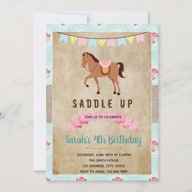 Invitation shabby chic pour fête western avec chev (Devant)