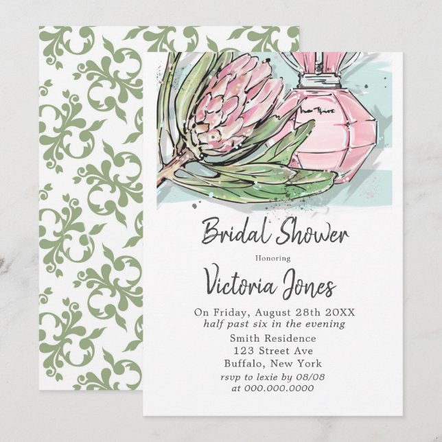Invitation Shabby Chic Rose Protea Fête des mariées de parfum (Devant / Derrière)