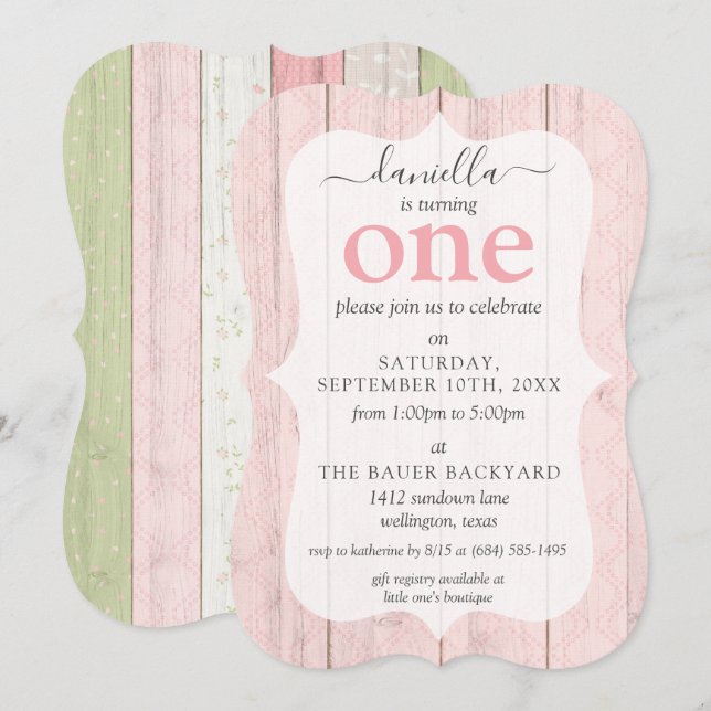 Invitation Shabby Chic Rose & Sage Wood Custom Age Anniversai (Devant / Derrière)