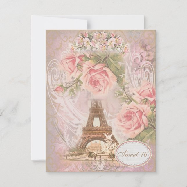 Invitation Shabby Chic Tour Eiffel Rose Floral Sweet 16 (Devant)