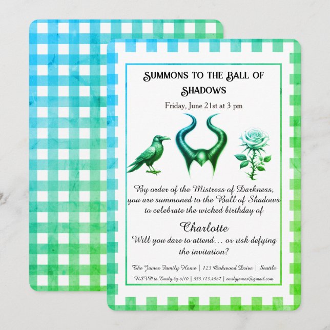 Invitation Shadow Ball Dark Fantasy Birthday Design Script (Devant / Derrière)