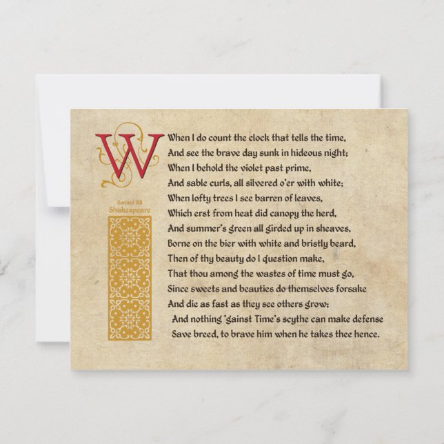Invitation Shakespeare Sonnet 12 (XII) sur le parchemin (Dos)