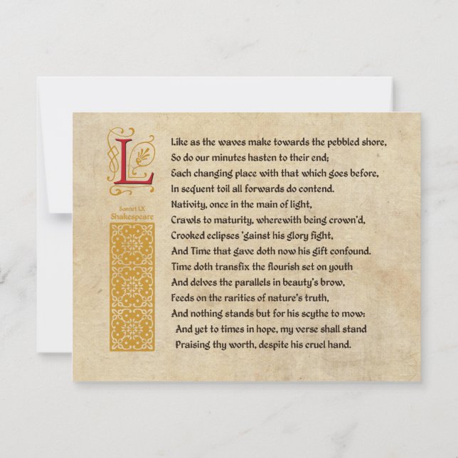 Invitation Shakespeare Sonnet 60 (LX) sur parchemin (Dos)
