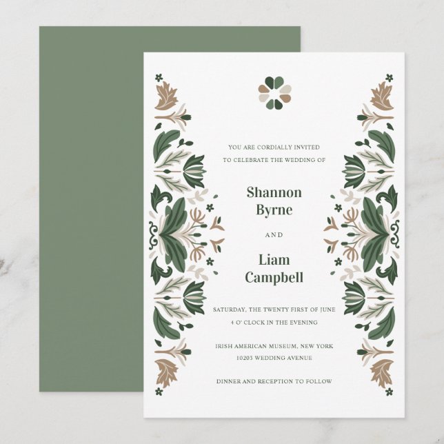 Invitation Shamrock d'art populaire irlandais Mariage celtiqu (Devant / Derrière)