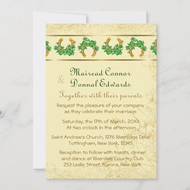 Invitation Shamrock et Mariage irlandais d'or (Devant)