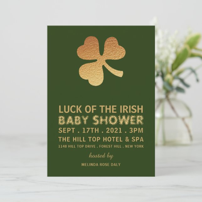 Invitation Shamrock Gold Foil, Baby shower irlandais (Debout devant)