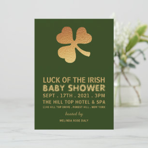 Invitation Shamrock Gold Foil, Baby shower irlandais