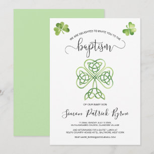 Invitation Shamrock irlandais vert & Baptême de noeud celtiqu