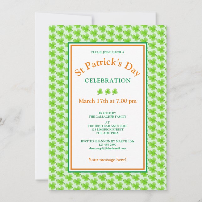 Invitation Shamrock orange vert de la fête de la Saint Patric (Devant)