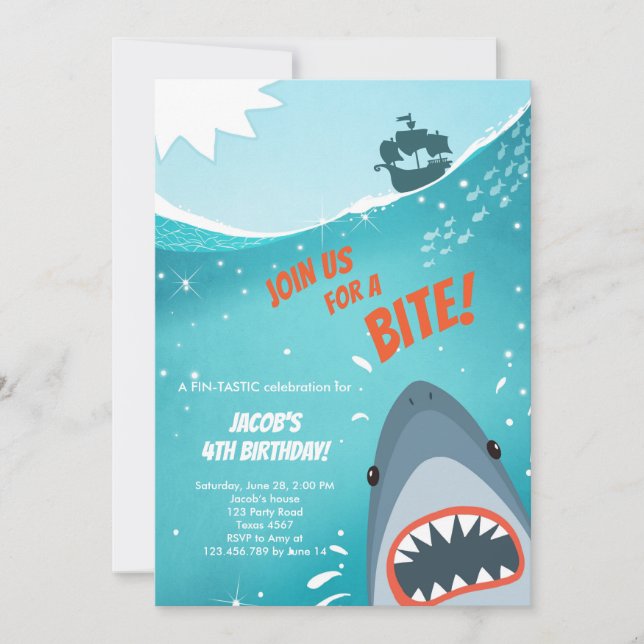 Invitation Shark Birthday Pool party garçon Shark Bite Bait B (Devant)