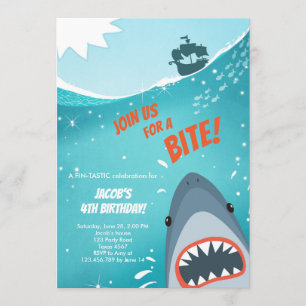 Invitation Shark Birthday Pool party garçon Shark Bite Bait B