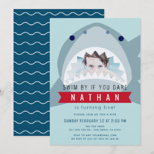 Invitation Shark Blue Pool Boy Photo Anniversaire