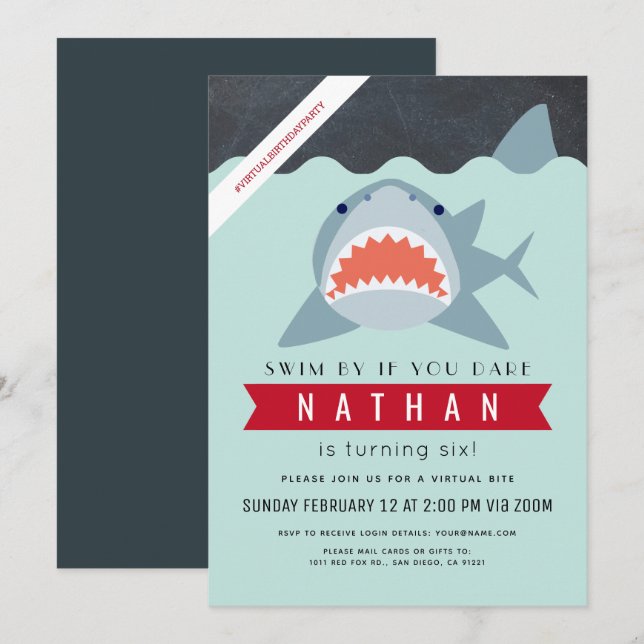 Invitation Shark Boy Navy Blue Virtual Pool Anniversaire (Devant / Derrière)