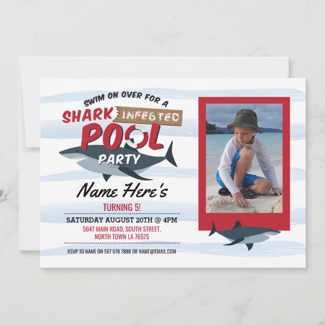 Invitation Shark Pool Party Fun Blue Photo Anniversaire Invit (Devant)