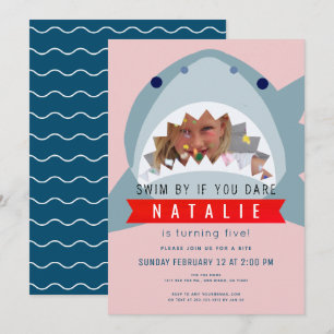 Invitation Shark Rose & Navy Blue Pool Girl Photo Anniversair