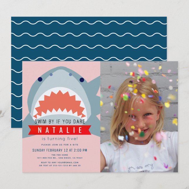 Invitation Shark Rose & Navy Blue Pool Photo Girl Anniversair (Devant / Derrière)