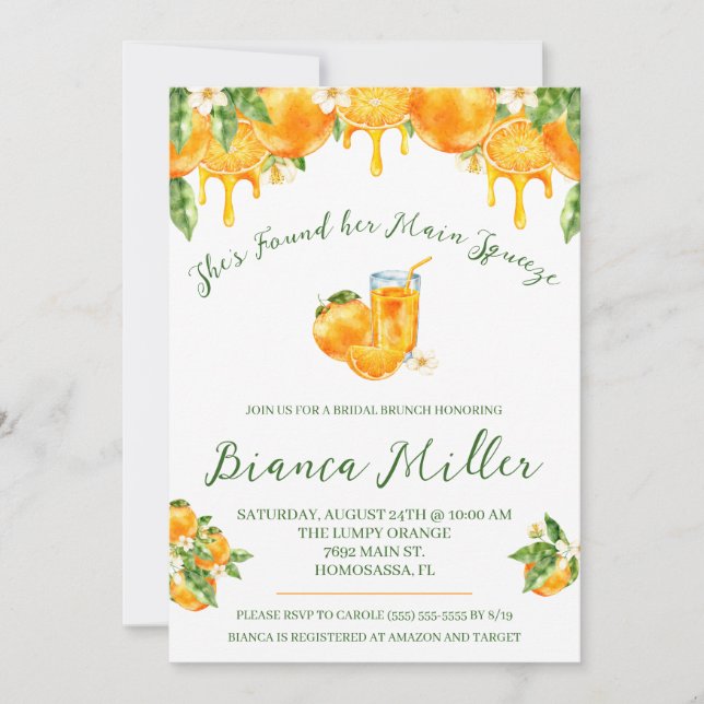Invitation She Found Her Main Squeeze Orange Bridal Shower (Devant)