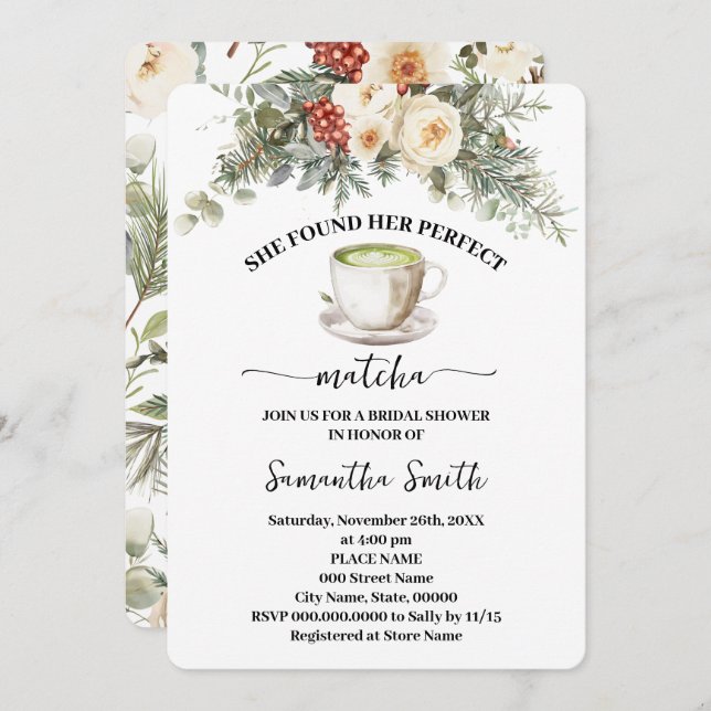 Invitation She Found Her Matcha Winter Bridal Shower (Devant / Derrière)