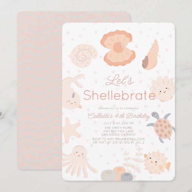 Invitation Shellebrate Seashell Créations Anniversaire rose (Devant / Derrière)